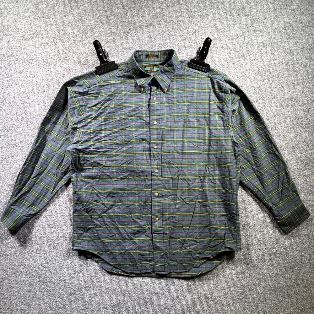 VTG Alexander Julian Colours Shirt Men's XL Green Blue Plaid Cotton Button Down